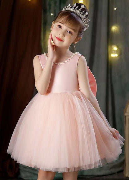 Pink Bow Pearl Patchwork Tulle Girls Dresses Backless Summer TT029 WS-JRTZSDGL240817