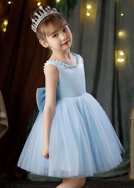 Pink Bow Pearl Patchwork Tulle Girls Dresses Backless Summer TT029 WS-JRTZSDGL240817