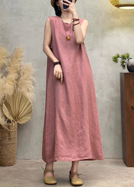 O Dresses Side Back Summer Button Pink Neck Linen Open FashionChic