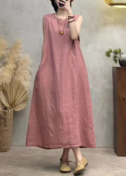 O Dresses Side Back Summer Button Pink Neck Linen Open FashionChic