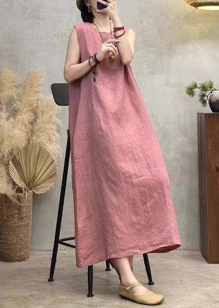 O Dresses Side Back Summer Button Pink Neck Linen Open FashionChic