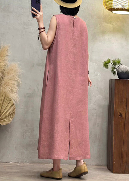 O Dresses Side Back Summer Button Pink Neck Linen Open FashionChic
