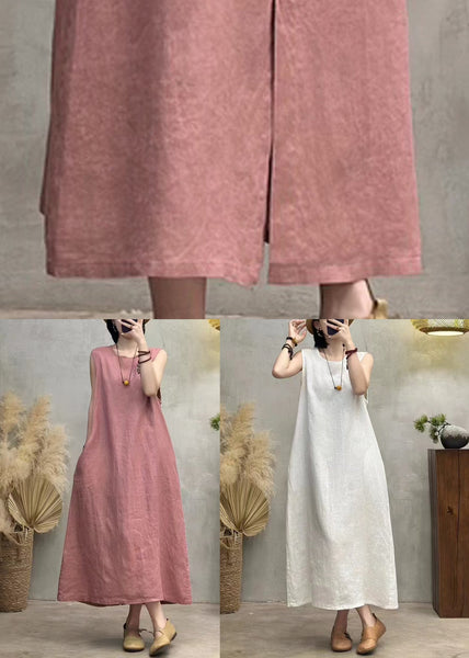 O Dresses Side Back Summer Button Pink Neck Linen Open FashionChic