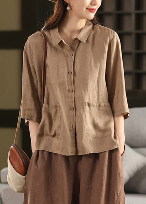 Sleeve Pink Blouses Button Bracelet Linen Pan Pockets Peter FashionChic