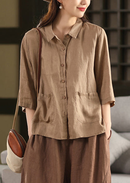 Sleeve Pink Blouses Button Bracelet Linen Pan Pockets Peter FashionChic