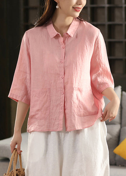 Sleeve Pink Blouses Button Bracelet Linen Pan Pockets Peter FashionChic