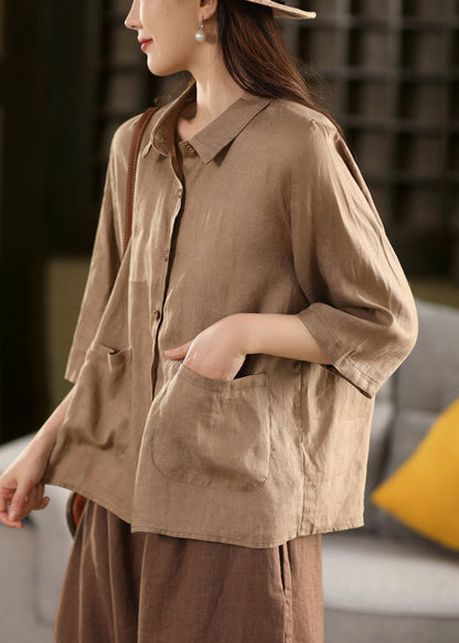 Sleeve Pink Blouses Button Bracelet Linen Pan Pockets Peter FashionChic