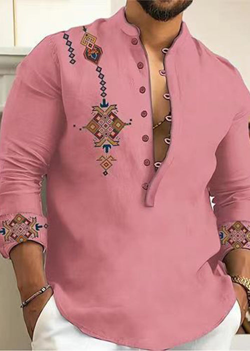 Cotton Print Oversized Collar Button Pink Stand Fall Shirts Men FashionChic