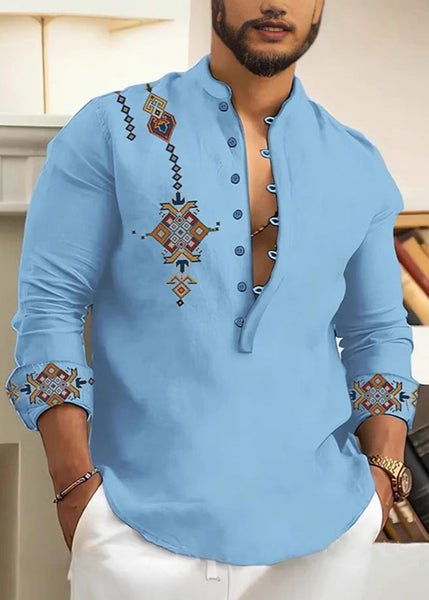 Cotton Print Oversized Collar Button Pink Stand Fall Shirts Men FashionChic