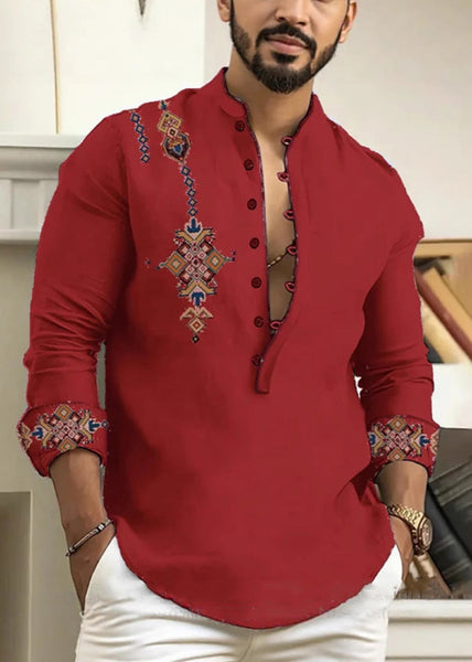 Cotton Print Oversized Collar Button Pink Stand Fall Shirts Men FashionChic