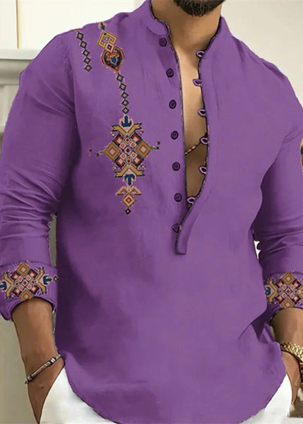 Cotton Print Oversized Collar Button Pink Stand Fall Shirts Men FashionChic