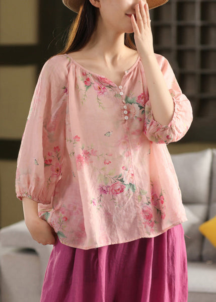 Print Button Pink V Summer Neck Blouse Linen Top FashionChic