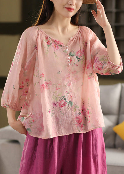 Print Button Pink V Summer Neck Blouse Linen Top FashionChic
