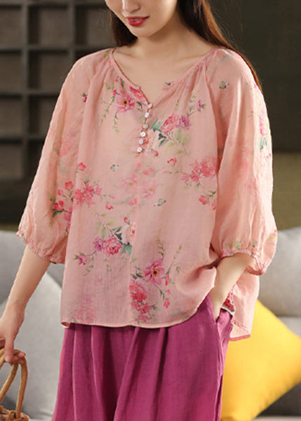 Print Button Pink V Summer Neck Blouse Linen Top FashionChic
