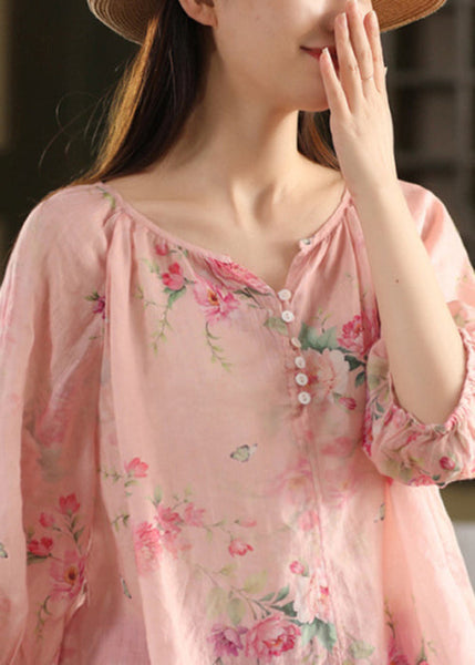 Print Button Pink V Summer Neck Blouse Linen Top FashionChic