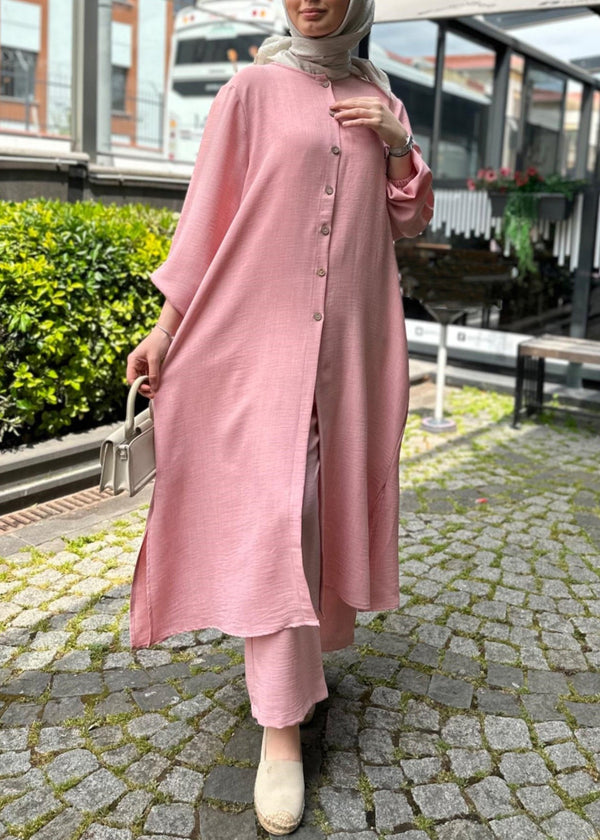 Pink Button Side Open Cotton Two Piece Set O Neck Spring AA1014 Ada Fashion