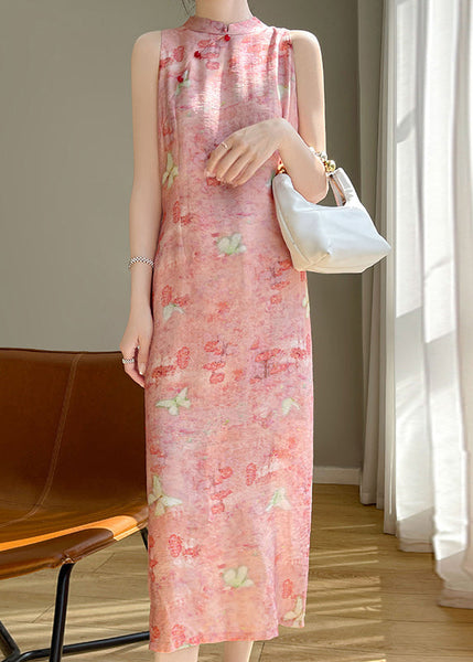 Button Long Dresses Cotton Summer Silk Collar Pink Stand FashionChic