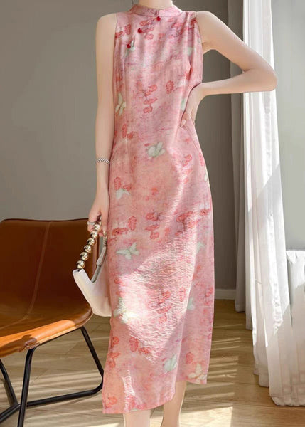 Button Long Dresses Cotton Summer Silk Collar Pink Stand FashionChic
