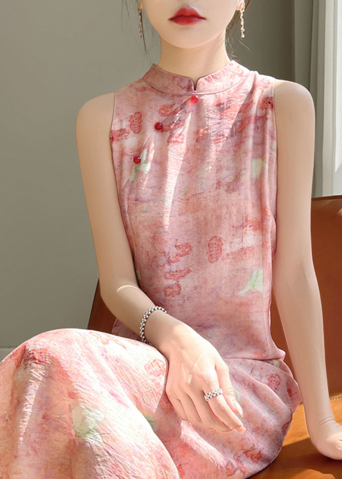 Button Long Dresses Cotton Summer Silk Collar Pink Stand FashionChic