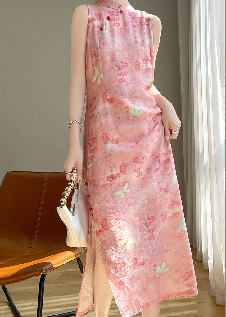 Button Long Dresses Cotton Summer Silk Collar Pink Stand FashionChic