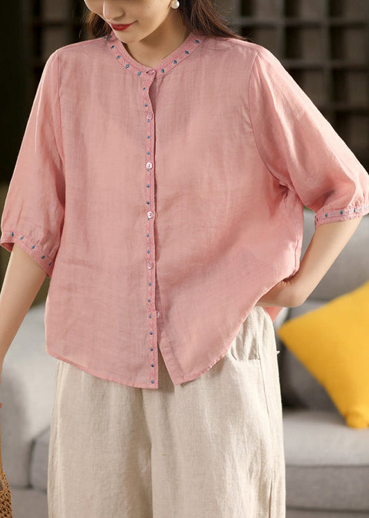 Solid Summer Button Embroidered Linen Blouse Pink FashionChic