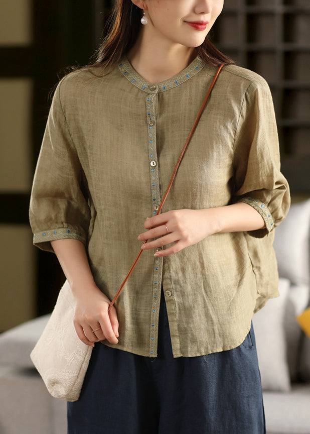 Solid Summer Button Embroidered Linen Blouse Pink FashionChic