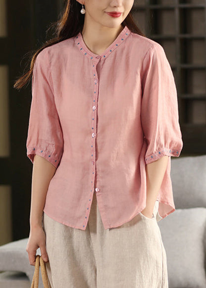 Solid Summer Button Embroidered Linen Blouse Pink FashionChic