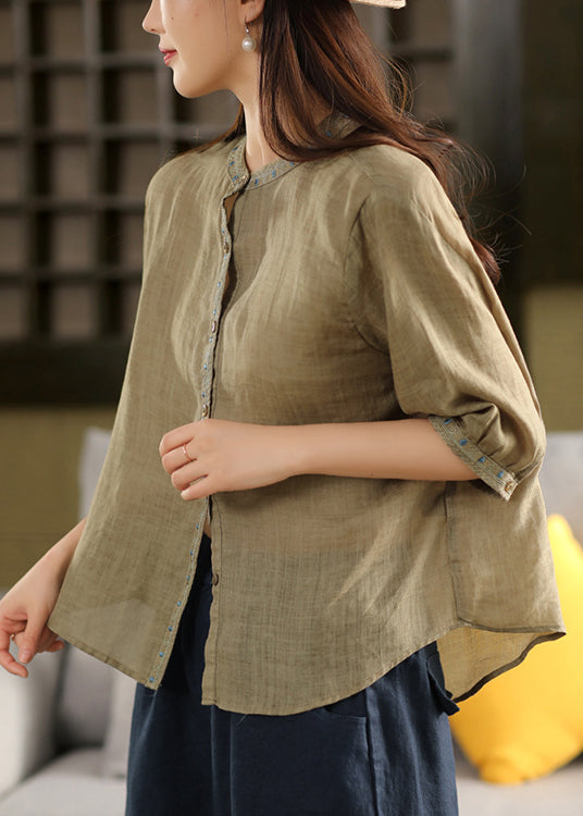 Solid Summer Button Embroidered Linen Blouse Pink FashionChic