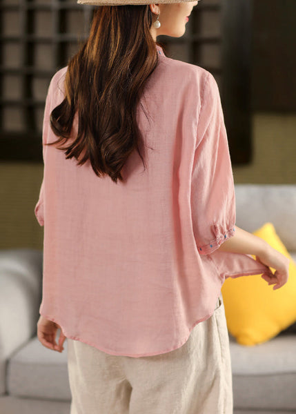 Solid Summer Button Embroidered Linen Blouse Pink FashionChic