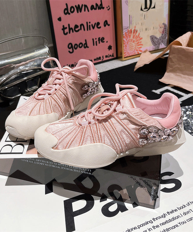 Flat Lace Pink Women Splicing Canvas Zircon Shoes Up For FashionChic
