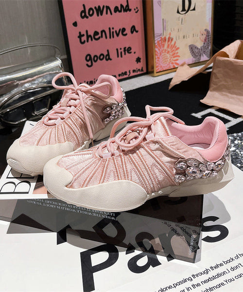 Flat Lace Pink Women Splicing Canvas Zircon Shoes Up For FashionChic