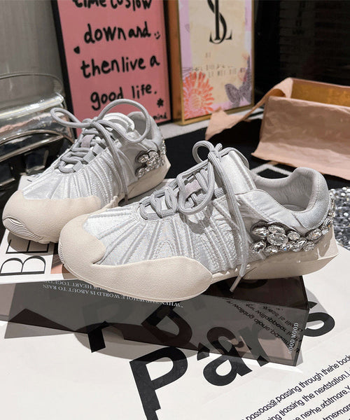 Flat Lace Pink Women Splicing Canvas Zircon Shoes Up For FashionChic