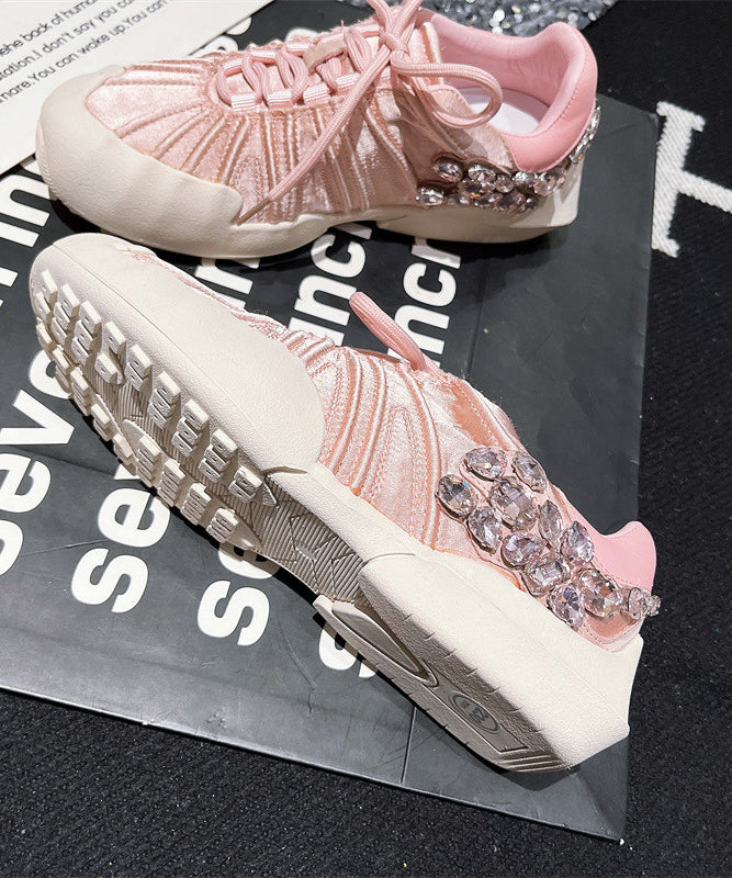 Flat Lace Pink Women Splicing Canvas Zircon Shoes Up For FashionChic
