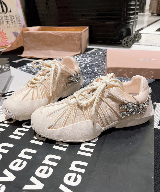 Flat Lace Pink Women Splicing Canvas Zircon Shoes Up For FashionChic