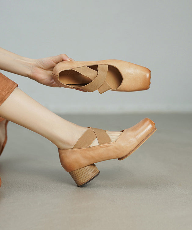 Pink Chunky Heel Horsehide Elegant Splicing Cross Strap YC027 ABC