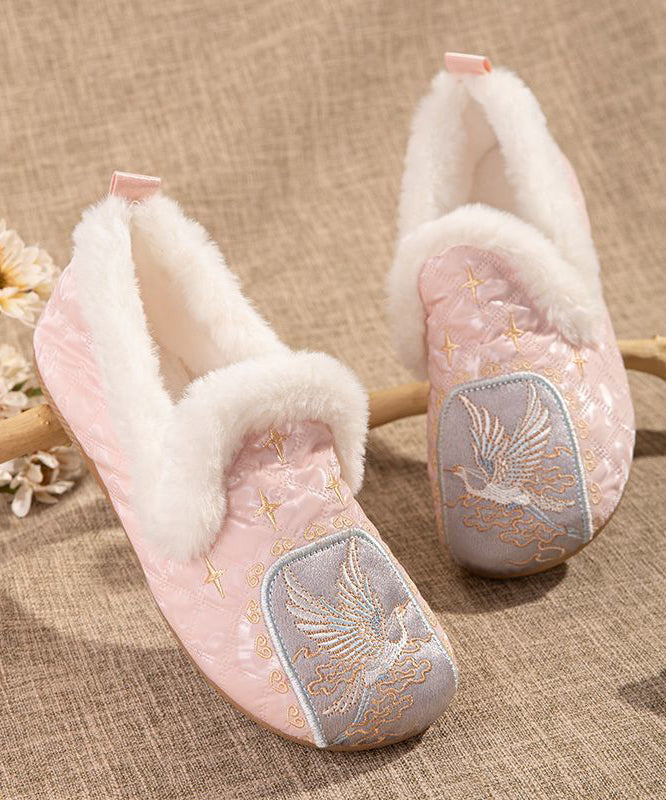 Pink Comfy Fuzzy Wool Lined Flat Shoes Embroidery TQ049 ABC