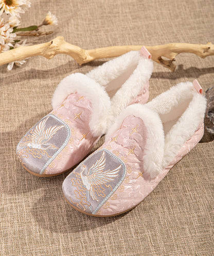 Pink Comfy Fuzzy Wool Lined Flat Shoes Embroidery TQ049 ABC