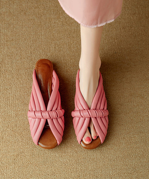 Cowhide Peep Toe Leather Pink Splicing Slide Sandals FashionChic
