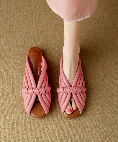 Cowhide Peep Toe Leather Pink Splicing Slide Sandals FashionChic