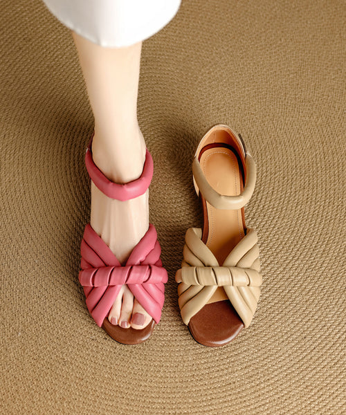 Cowhide Peep Toe Leather Pink Splicing Slide Sandals FashionChic
