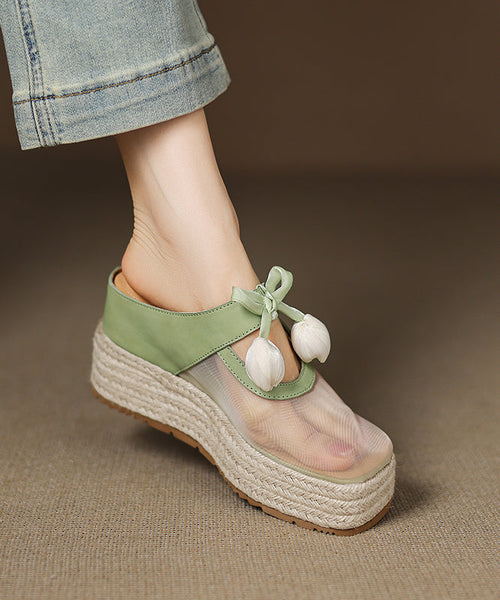 Tulle Sandals Leather Cowhide Pink Heels Splicing Wedge Slide FashionChic