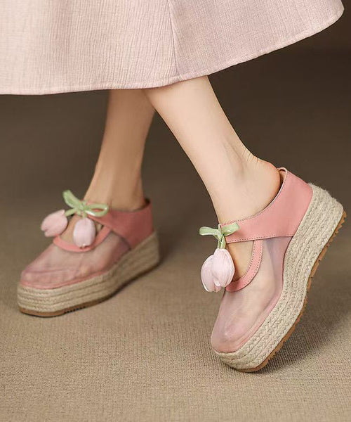 Tulle Sandals Leather Cowhide Pink Heels Splicing Wedge Slide FashionChic
