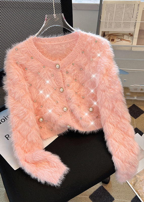 Pink Cozy Fuzzy Fur Fluffy Cardigan Zircon Spring MZF-NCT250315