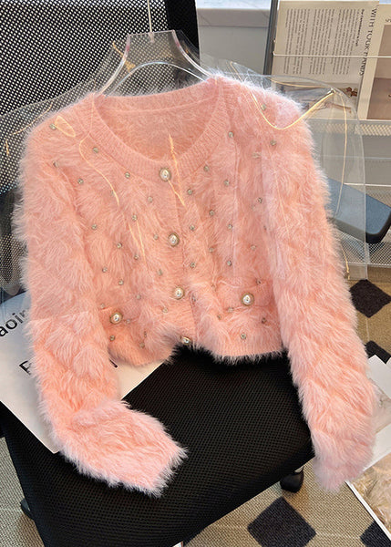 Pink Cozy Fuzzy Fur Fluffy Cardigan Zircon Spring MZF-NCT250315
