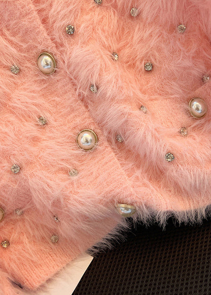 Pink Cozy Fuzzy Fur Fluffy Cardigan Zircon Spring MZF-NCT250315