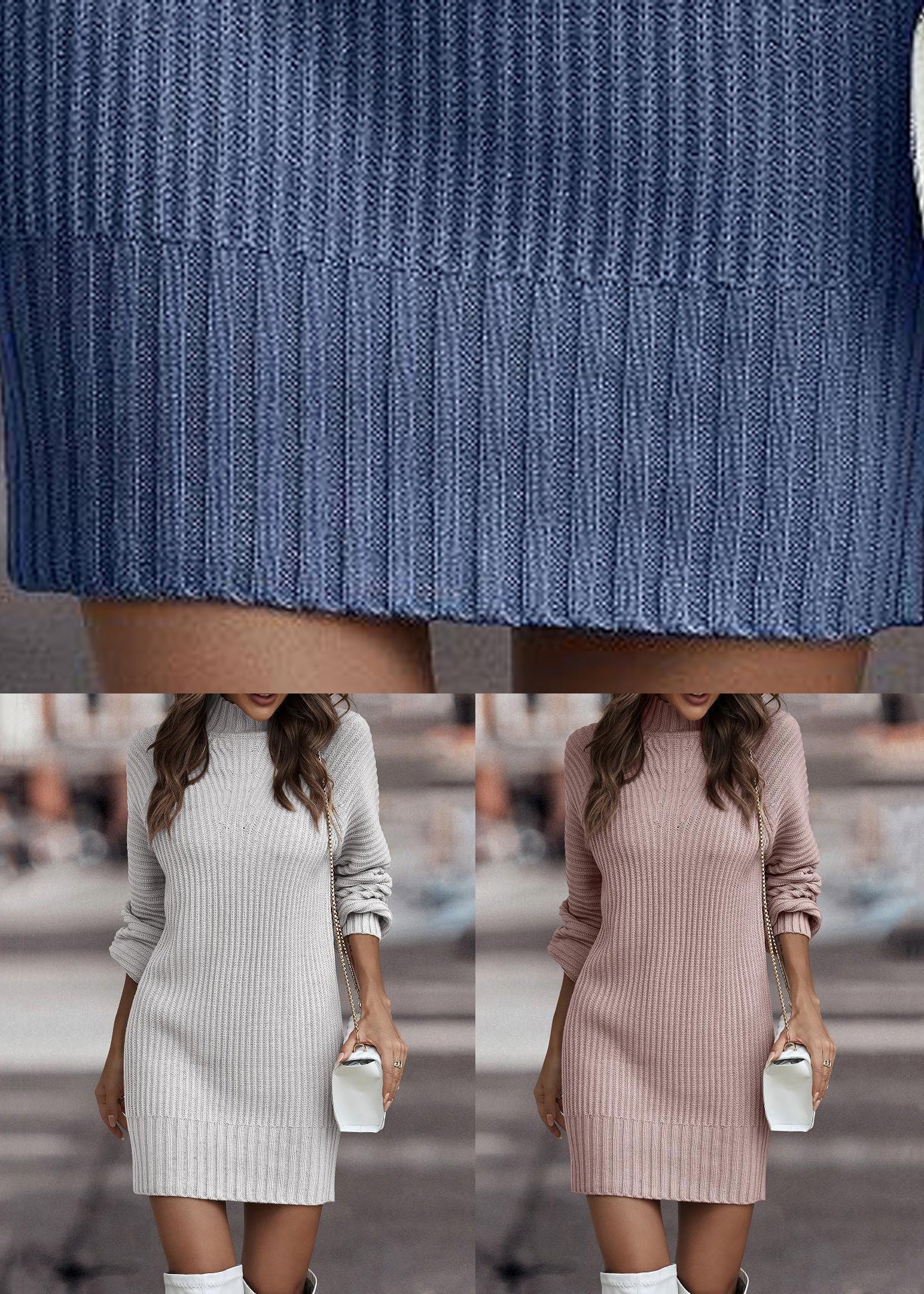 Pink Cozy Patchwork Knit Fall Dress Turtleneck QA019 OM-BB241009