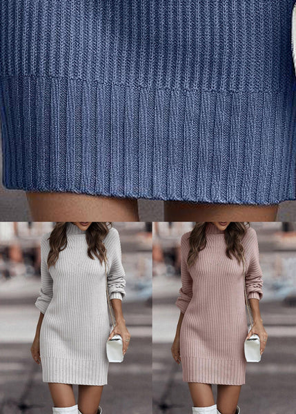 Pink Cozy Patchwork Knit Fall Dress Turtleneck QA019 OM-BB241009