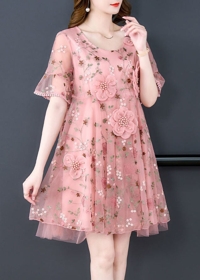 Pink Embroidered Tulle Mid Dress O Neck Short Sleeve OP1079 Ada Fashion