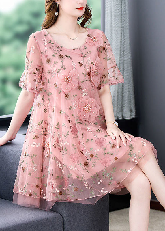 Pink Embroidered Tulle Mid Dress O Neck Short Sleeve OP1079 Ada Fashion