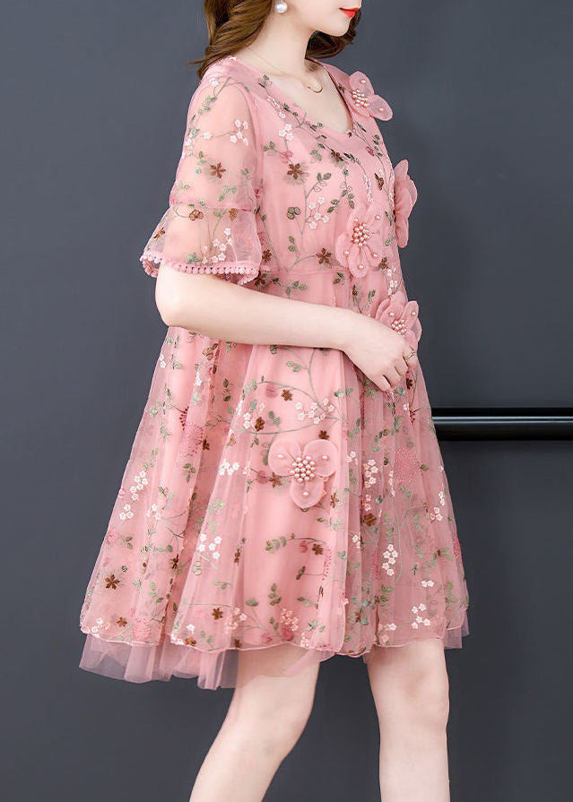 Pink Embroidered Tulle Mid Dress O Neck Short Sleeve OP1079 Ada Fashion